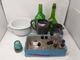 2 Green Bottles, Ironstone Handled Dish, Medicinal Type Bottles, Metal Pitchers, Blue Insulator