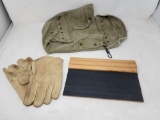 Gloves, military bag, canvas & wood writing platform (not complete)