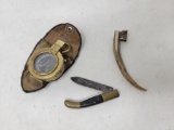 Repro Revolutionary War Style Pocket Knife, Damaged WWII Compass and Stag Handled Brush