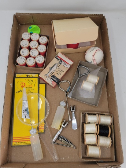 Fly Tying Supplies: Thread, Clippers, Fish Scale, souvenir Baseball, Magnifying Glass, Glue, Etc.