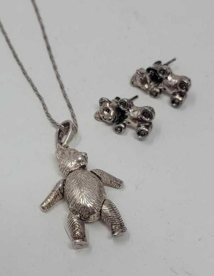 Sterling Teddy Bear Pendant and Earrings