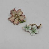 Two Gold and Enameled Flower Pins