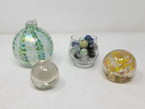 2 Glass Paperweights, Art Glass Perfumer and Clear Cup with Marbles