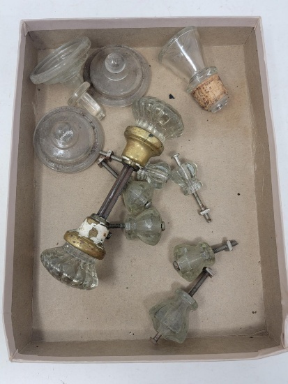 Vintage Glass Doorknob Assembly and Drawer Pulls, Glass Lids and Stopper