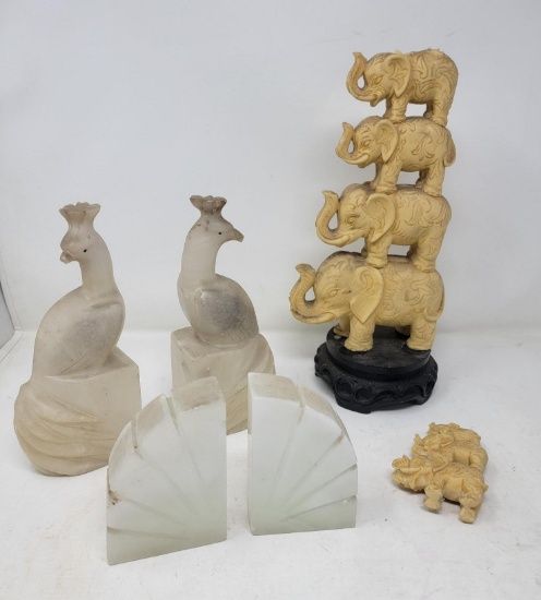 Marble Bird and Fan Bookends, Resin Stacked Elephants (as is)