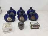 Cobalt Commemorative Bottles, Coin Paperweight, Redware Mini Jug & Display of Unset Stones