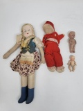 4 Dolls - Cloth, Pottery & Jointed Bisque