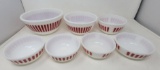 Vintage Set of 7 Red Pin Stripe Bowls, 4 Different Sizes