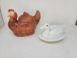 Milk Glass Duck on Nest and Hen Cookie Jar