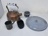 Copper Kettle, Graniteware Lid, Scoop, Tin Measure Cup, & Stoneware Miniature Crock