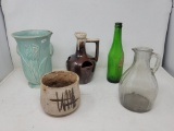 Pottery Vase, 2 Planters, Glass bottle and Pitcher