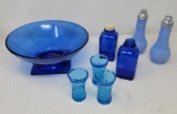 Blue Glass Grouping including Salt and Pepper