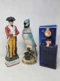 Figural Whiskey Bottles: Colonial Figure, Beam Bluebird Trophy and Cobalt. NO SHIPPING, P/U ONLY