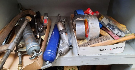 Shelf Contents Including Grease Guns, C Clamp, Air Gauge, Tape, Brushes, Etc.