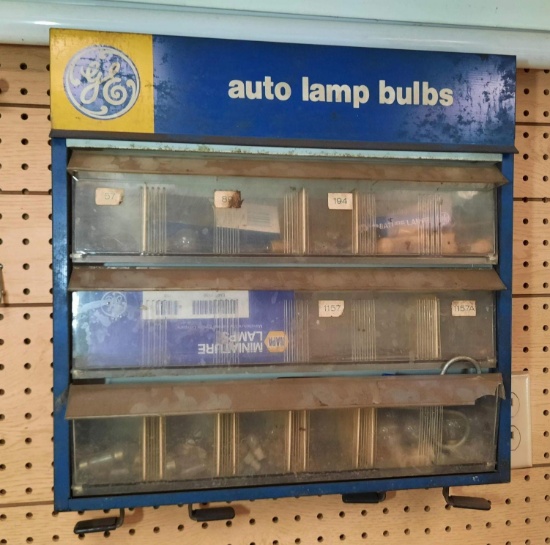 G.E. Auto Lamp Bulbs Hanging Display Cabinet with Contents