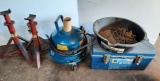 2 Jack Stands, Air Tank on Rollers, Blue Tool Box (Empty), Drain Pan & Chain