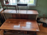 Mahogany? Console, Coffee Table, End Tables, Metal & Wood Stand