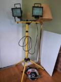 Double Halogen Work Light on Adjustable Stand (Working), Brass Pole Lamp on Weighted Base