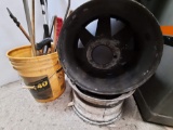 2 Truck Wagon Wheel Type Rims and Bucket of Tools