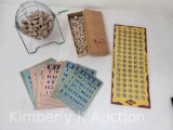 E.S. Lowe Co, Bingo Game, (c) 1941, 20 Cards, Box of Game Pieces, Bingo Wheel, etc.