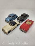 Friction Cars: Blue VW, Beige MG, Black with RR License and Red Convertible