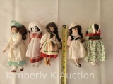 5 Bisque Head Dolls, All in Various Dress