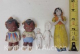 5 Bisque Dolls, Including Snow White, 2 Frozen Charlottes, and 2 Black Children