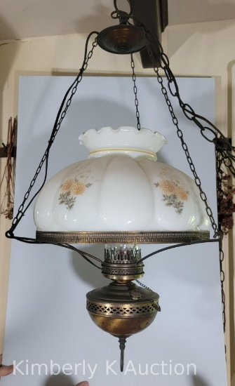 Metal Hanging Lamp with Floral Glass Shade
