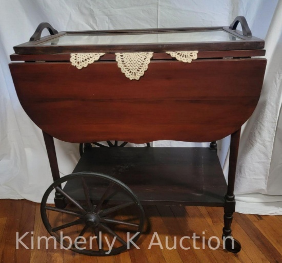 Wooden Tea Cart with Glass Tray Top