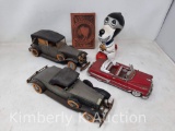 3 Toy Cars, Snoopy Figure and Nockamixon Township Redware Plaque