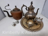 Silver Plate Tea Trays, Coffee Pitcher, Sugar, Creamer and Copper Tea Pot