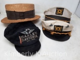 4 Hats- Harley Davidson with Pin, Straw Hat and 2 Sailor Hats- 1 with Small Chevy Pins