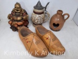 Pair of Wooden Shoes, Buddha, Decorated Stoneware Candle Cover and Avon Pewter Lidded Stein
