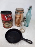 2 Coffee Tins, #3 Cast Iron Pan, 2 Early Bottles, Canning Jar with Dried Corn Cobs
