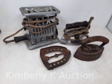 Antique Toaster, Electric Iron and Sad Iron with Trivet