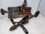 Carpenter's Hand Crank Drill, Miter Box (No Saw) and Miniature Galvanized Watering Can