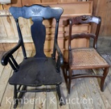 Black Vase-back Rocker, Cane Seat Chair and Shallow Display Shelf
