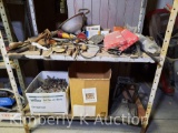 Two Shelves of Hardware, Lamp Parts, U-Bolts, Hooks, Key Escutcheons, Tools, etc.