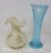 Floral Decorated Satin Glass Vase with Ruffled Top and Blue Quilted Glass Vase