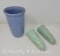 Blue Speckled USA Pottery Vase and Pair of Green Pottery Wall Vases Pockets