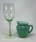Vintage Depression Wine Glass with Small Painted Milk Glass Pitcher