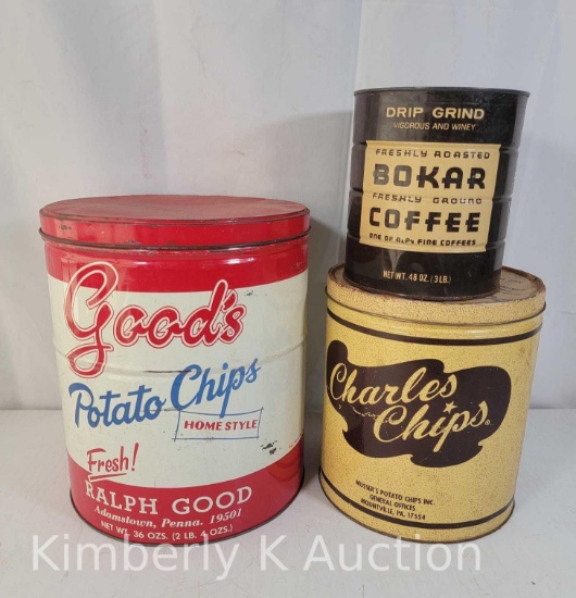3 Vintage Advertising Tins- Good's Potato Chips, Charles Chips and Bokar Coffee