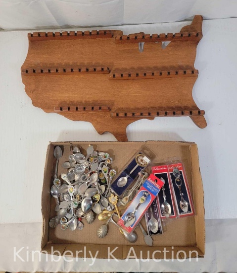 Collection of Souvenir Spoons and United States Shaped Spoon Rack