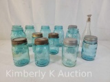 Canning Jars- 10 Ball in Various Sizes, 3 Atlas in Various Size & Color and One Clear Corked Bottle