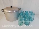 7 Blue and 1 Green Canning Jars and Aluminum Canner