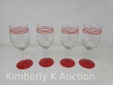 4 Matching Stemmed Glasses with Red Stripes and Red Bases