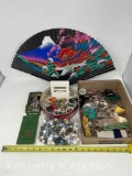 Sewing Lot including Scissors, Beads, Buttons, Buckles, Singer Sewing Machine Manual and Parts