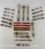 Lot of Vintage Glass Hypodermic Syringes, one with Original Box