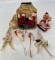 Vintage Christmas Lot- White Metal Fireplace with Stockings and Ornaments
