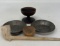 Early Miniature Lot - Wooden Turned Cup, 2 Tin Bowls, Wooden Bowl and Pipe